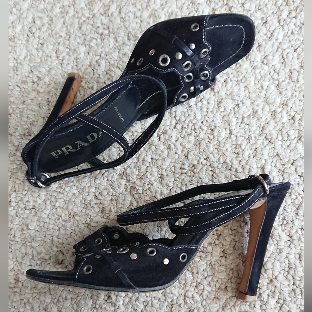 Prada black suede sandals with decorative metal grommets front details size 8 - Picture 4 of 13